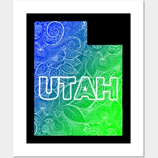 Colorful mandala art map of Utah with text in blue and green Posters and Art